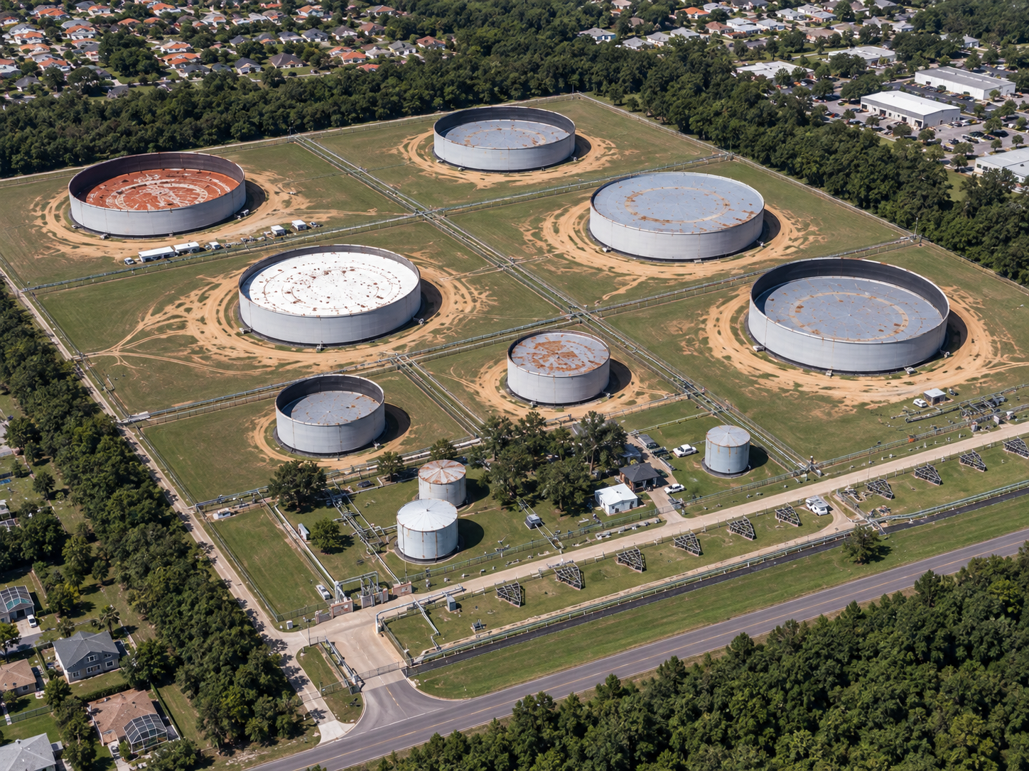 Vista aérea de tanques de armazenamento
