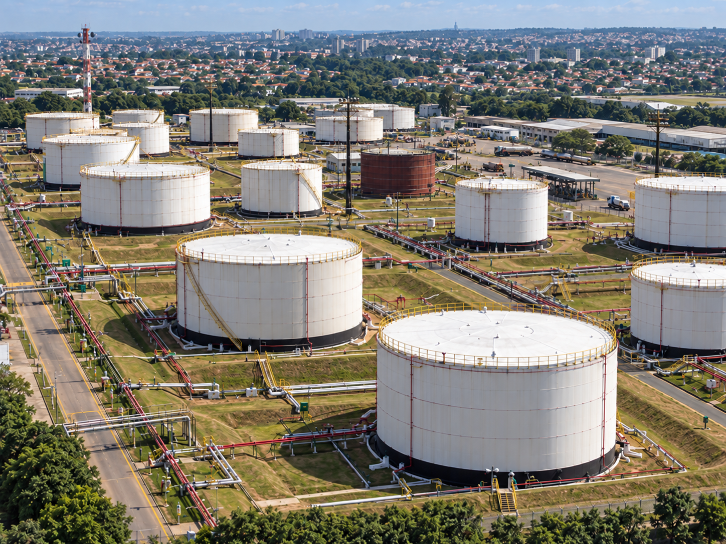Vista aérea de tanques de armazenamento