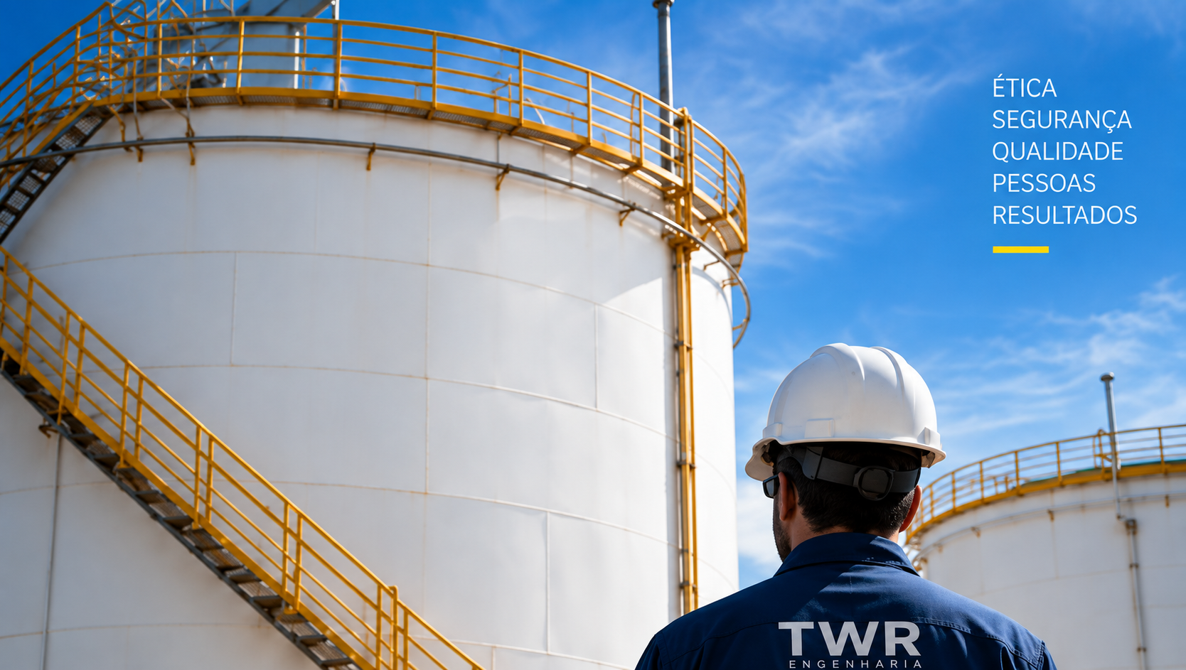 Profissional da TWR diante de tanques industriais. Ética, segurança, qualidade, pessoas e resultados.